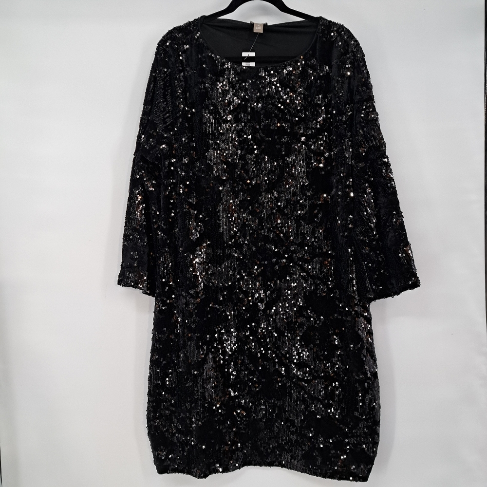 Chicos Black Velvet Sequin Bell Sleeve Evening Party Event Dress Size 3 Large